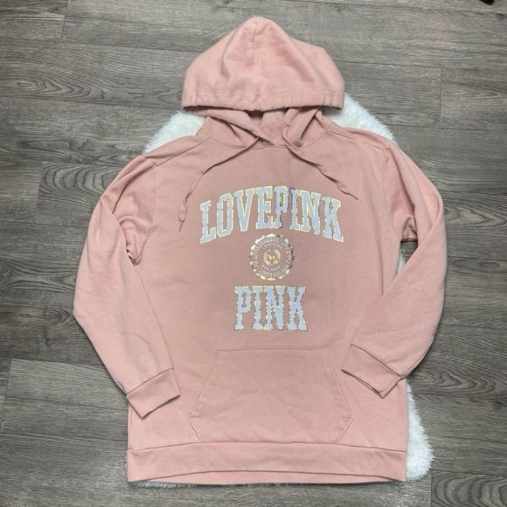 PINK Hoodie Sweatshirt Size Medium Logo Spellout Lovepink Gold